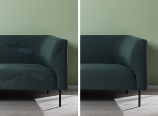 Sofa before and after dry-cleaning near green wall indoors, collage
