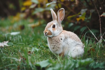 Fototapeta premium Happy Easter Eggs Basket violet. Bunny in flower easter Painterly decoration Garden. Cute hare 3d stuffed animal easter rabbit spring illustration. Holy week plush baby toy card wallpaper rosewood