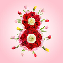 International Women's Day - March 8. Card design with number 8 of bright flowers on pink background