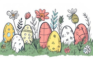 Happy Easter Eggs Basket Fun. Bunny in flower easter Space for message decoration Garden. Cute hare 3d Text area easter rabbit spring illustration. Holy week patio dining card wallpaper plush doll