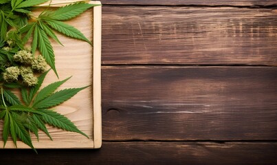 photo on the wooden floor there is hemp oil, hemp leaf and the green board is blank to put text