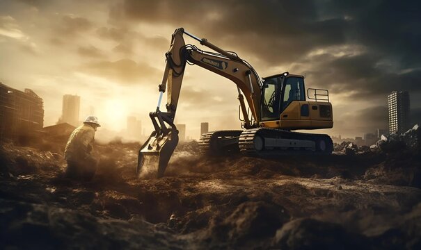 realistic Free photo man using an excavator for digging on day light