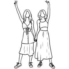Girl Friends Sketch Drawing.