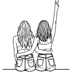 Girl Friends Sketch Drawing.
