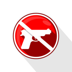 Warning sign about gun control. Restricted area, weapons prohibited. Vector drawing silhouette, illustration isolated on transparent background.