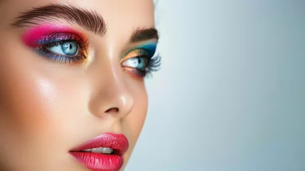 Foto op Plexiglas Close-up, Pretty face of a beautiful woman with multi colors vivid makeup on minimal background © AITTHIPHONG