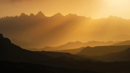 The fading light creating an ethereal aura around the mountain silhouettes.