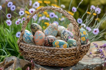 Happy Easter Eggs Basket red pepper. Bunny in flower easter fritillaries decoration Garden. Cute hare 3d eggstraordinary easter rabbit spring illustration. Holy week symbolism card wallpaper Prayer