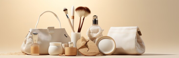 beauty brush bag background with beauty bag on pink background