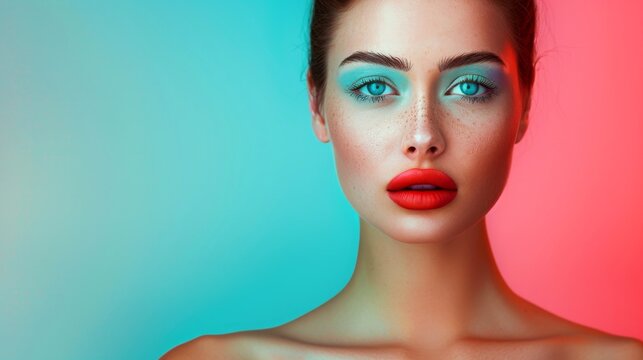 Close-up, Pretty face of a beautiful woman with multi colors vivid makeup on minimal background