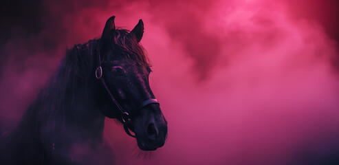 a black horse over a vibrant pink smoke background