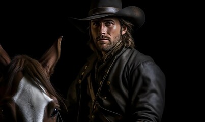 close up handsome man riding horse isolated black background - obrazy, fototapety, plakaty