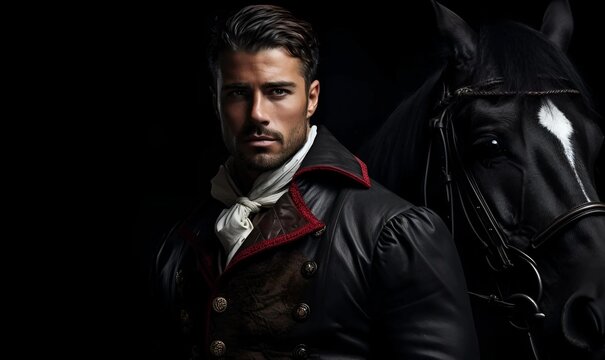 close up handsome man riding horse isolated black background