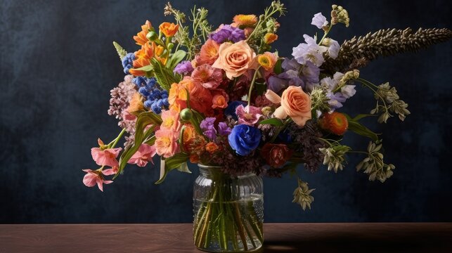 bouquet of fresh flowers with beautiful colors in vase. Banner or background image with beautiful color and flower details