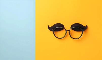 Overhead glasses, nose and mustache for April 1, April Fool's Day, copy space background