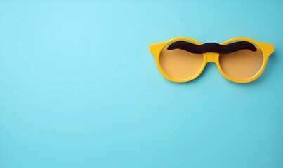 Overhead glasses, nose and mustache for April 1, April Fool's Day, copy space background