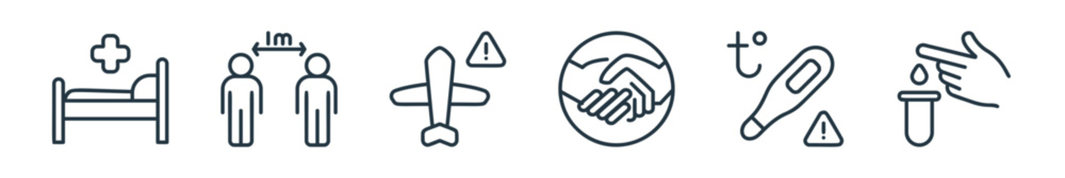 outline set of covid line icons. linear vector icons such as bed, distance, no flight, no handshake, temperature, blood test. vector illustration.