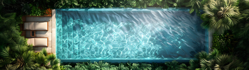 panoramic of swimming pool top down view, background with a ratio size of 32:9