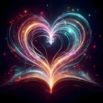 Silhouette of a heart nestled in a book, cosmic translucent.
