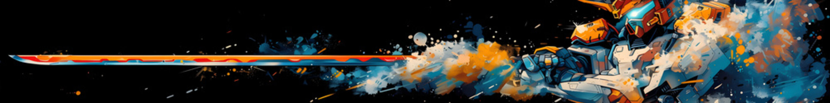 panorama of mech or robot samurai hand holding katana sword with dust splashes in vibrant colors on black background, for web banner with image ratio 8:1