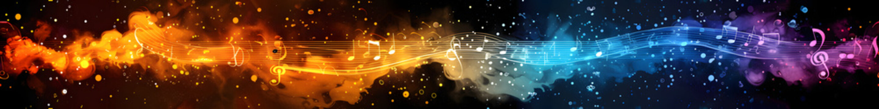 panorama of colorful spectrum musical notes with watercolor smoke in vibrant colors on a black background, for web banner with image ratio 8:1