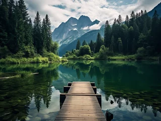 Papier Peint photo Lavable Réflexion Amidst a tranquil wilderness, a wooden dock extends over a crystal clear lake, reflecting the majestic mountains and lush forest, under a sky filled with billowing clouds