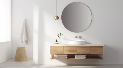 Modern Minimalist Bathroom with Floating Vanity and Round Mirror