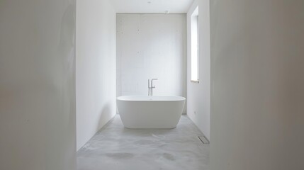 Fototapeta na wymiar Minimalist White Bathroom with Center Bathtub AI Generated.