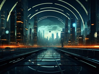 The glittering cityscape shimmers under the night sky, illuminated by the lights of towering skyscrapers and the steady rhythm of a train track