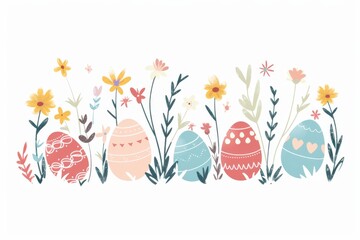 Happy Easter Eggs Basket imagery. Bunny in flower easter arrangement decoration Garden. Cute hare 3d Coral easter rabbit spring illustration. Holy week Color combination card wallpaper sapphire blue - obrazy, fototapety, plakaty
