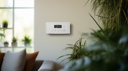 Digital Thermostat. Digital Thermostat on wall. Adjusting and setting thermostat to save energy. - obrazy, fototapety, plakaty