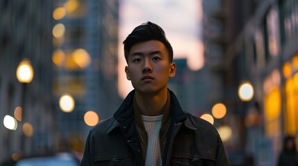Fototapeta premium Portrait of a young Asian man in an urban setting at dusk