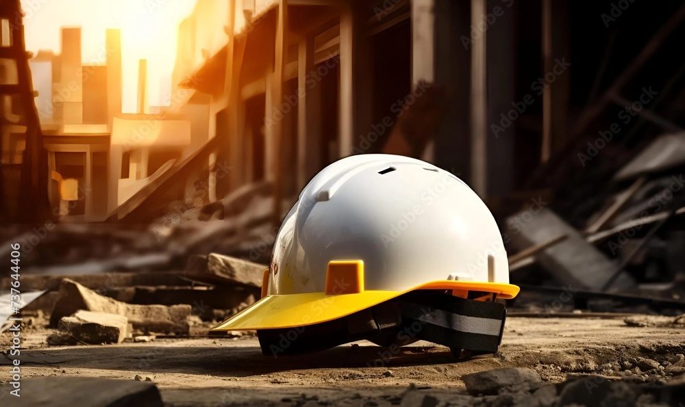 Wall mural yellow and white helmet safety in construction site