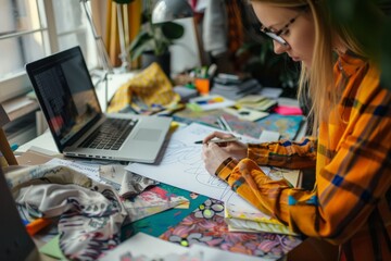 designer desk, female fashion designer sketching idea on paper at desk - obrazy, fototapety, plakaty