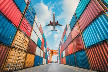 Business logistics and transportation concept of containers cargo freight ship and cargo plane - obrazy, fototapety, plakaty