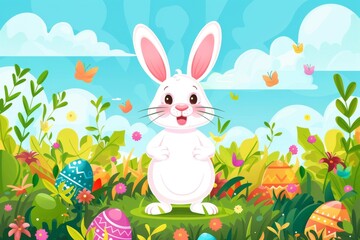 Happy Easter Eggs Basket midnight blue. Bunny in flower easter mud puddles decoration Garden. Cute hare 3d Colorful easter rabbit spring illustration. Holy week easter bunny card wallpaper ornaments