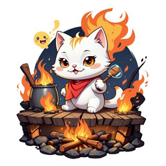cartoon cat in the middle of a burning fire