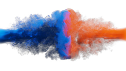 Puffs of blue and red smoke collide against a white background. 3d illustration. 