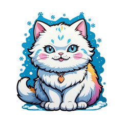 Cartoon cute white cat as cold as snow