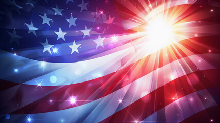 US Independence Day youtube background concept a waving US flag with the sun's light beaming form behind that flag in the vibe of glorious, clean, and energetic.