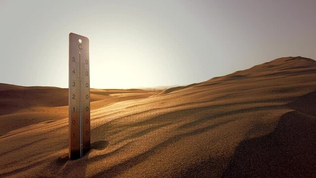 The blazing sun shines over a sandy dune landscape as a thermometer measures the scorching heat
