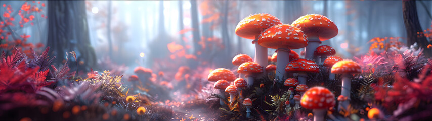 panorama of mushrooms on forest landscape background for web banner - obrazy, fototapety, plakaty
