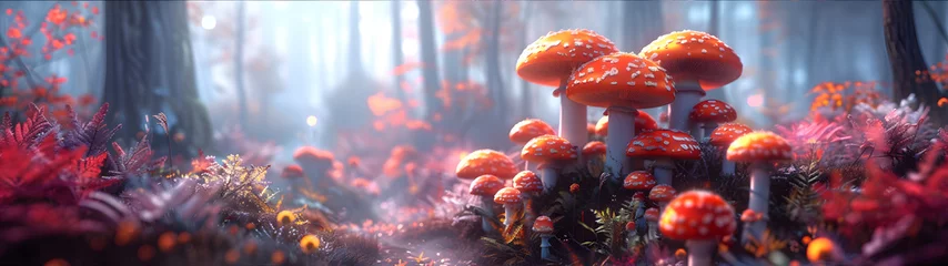 Fotobehang Sprookjesbos panorama of mushrooms on forest landscape background for web banner