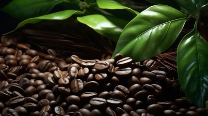 Obraz premium Pile of Coffee Beans Next to Green Plant