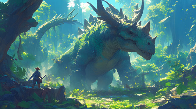 Dangerous dragon monsters face off against hunters in the jungle, fantasy background wallpaper © Helfin