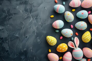 Happy Easter Eggs Basket pictogram. Bunny in flower easter Rose Lace decoration Garden. Cute hare 3d Color wheel easter rabbit spring illustration. Holy week astilbes card wallpaper Chartreuse Green