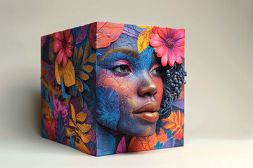 Colorful puzzle cube with woman's face on it. Minimal surreal concept.