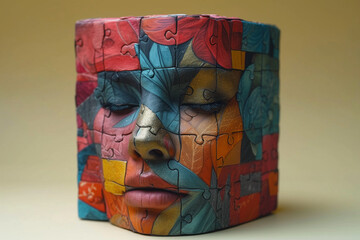 Colorful puzzle cube with woman's face on it