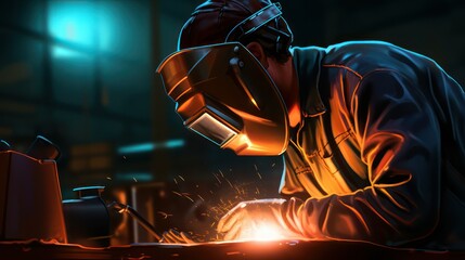 A welder is working on iron work. The atmosphere of a welding workshop, with the light of burning electrodes.