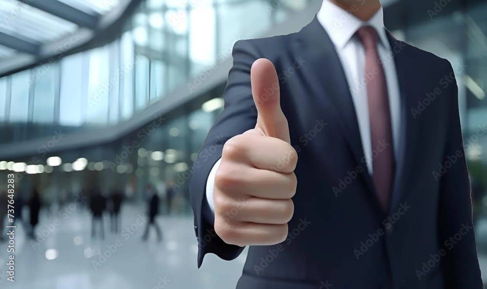 Wall mural ultrarealistic Businessman standing with thumbs up for meeting finish